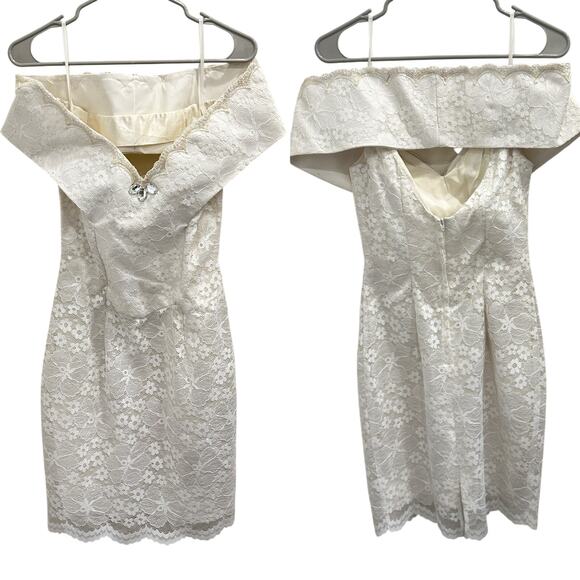 Vintage 90s Jessica McClintock Gunne Sax White Lace Off Shoulder Cocktail Dress - Picture 1 of 11